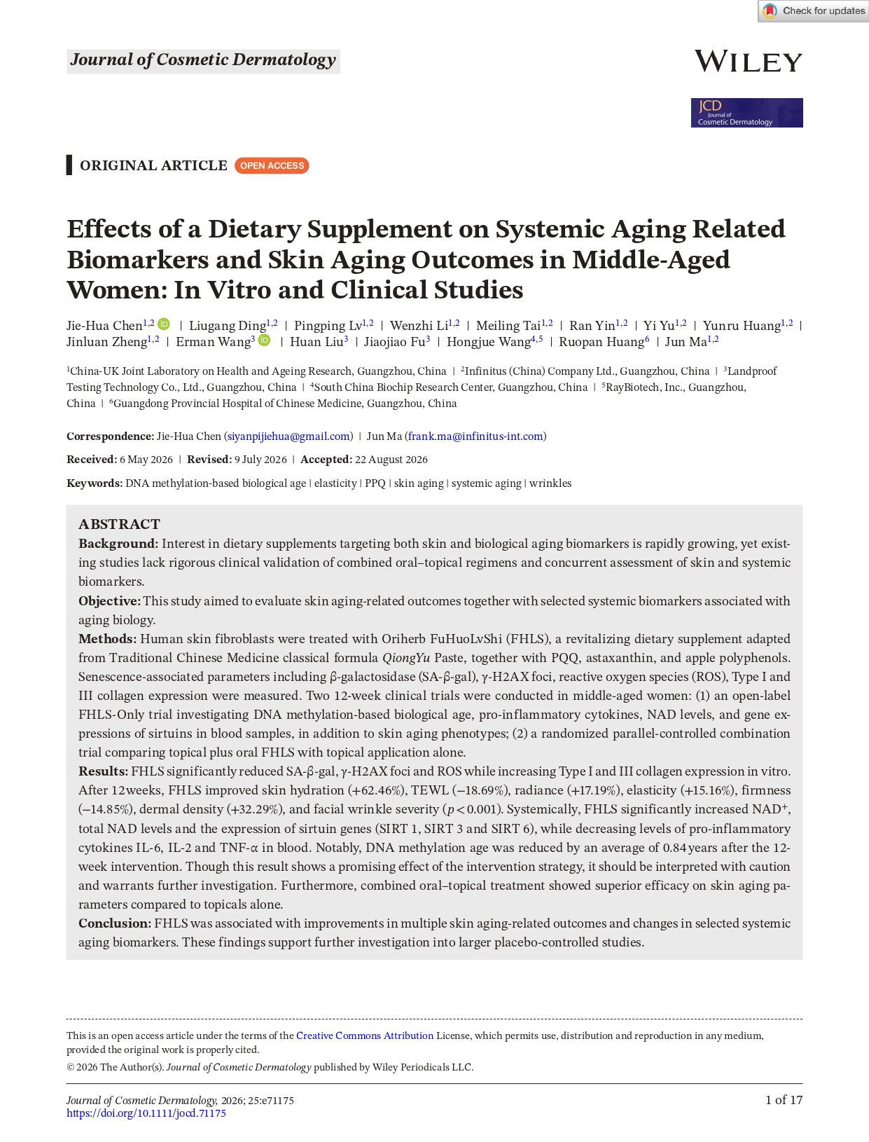 J of Cosmetic Dermatology - 2026 - Chen - Effects of a Dietary Supplement on Systemic Aging Related Biomarkers and Skin_page-0001